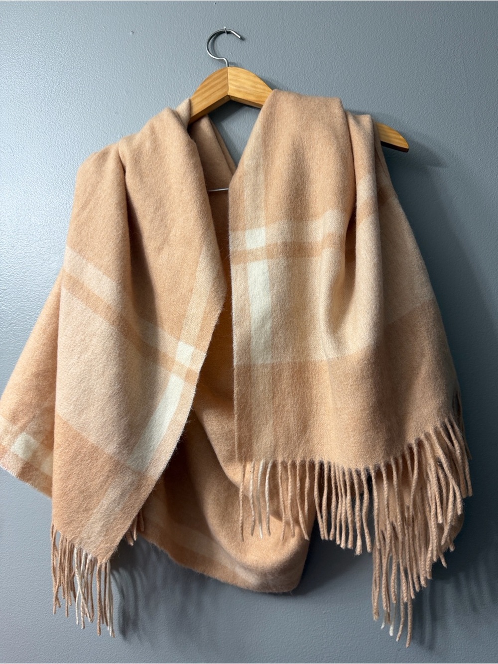 J.Crew tan wool blend Cozy Plaid Fringe shawl wrap scarf